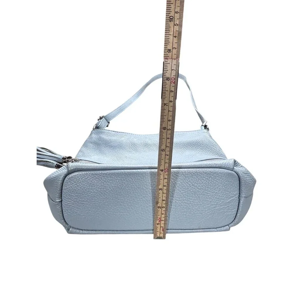 Italian-Made Light Blue Genuine Leather Shoulder Bag With Zip Closure & Tassel - Picture 9 of 9
